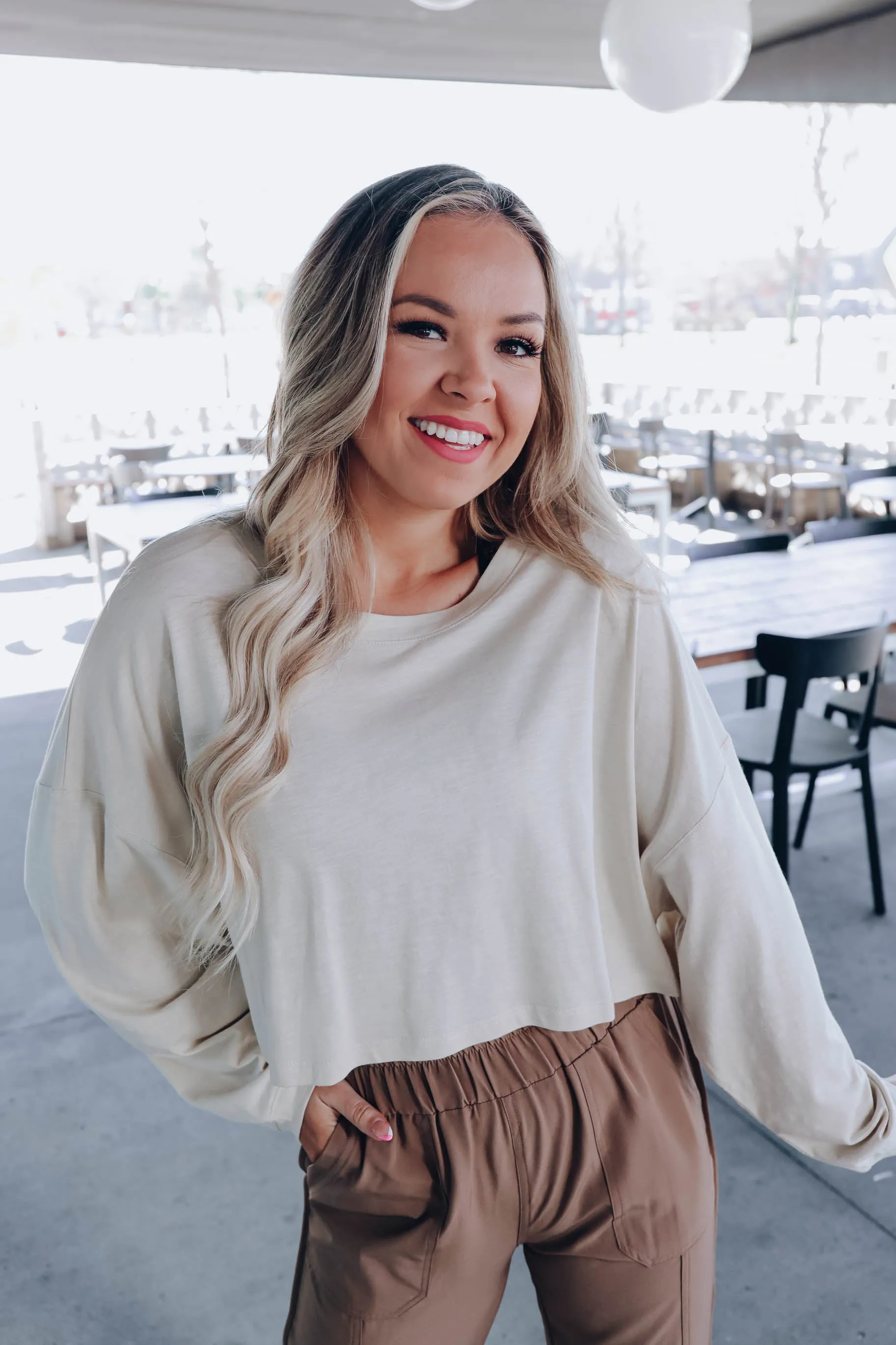 Relaxed Vibe Drop Shoulder Crop Top - Cream