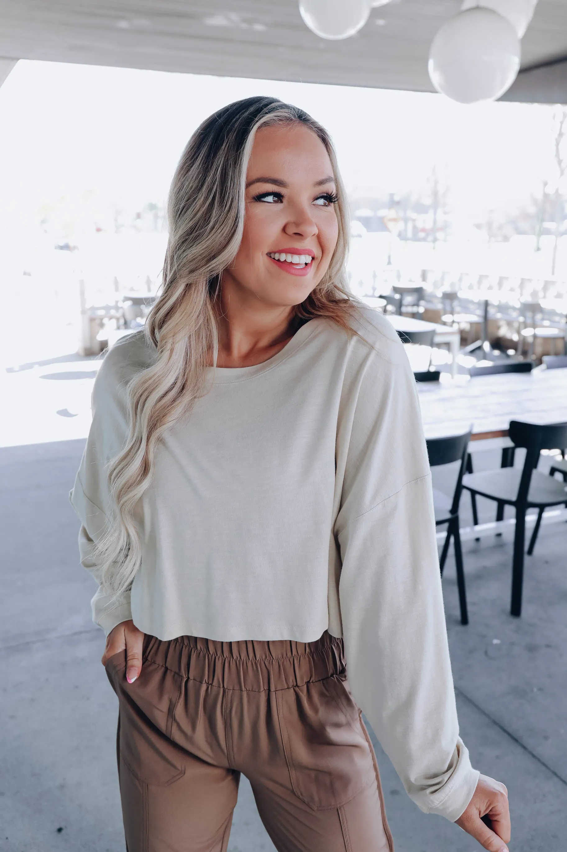 Relaxed Vibe Drop Shoulder Crop Top - Cream