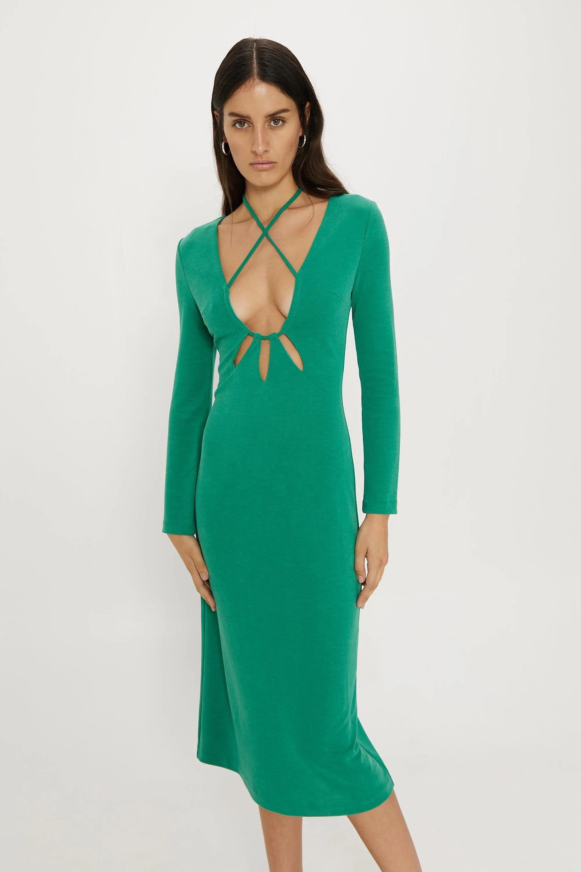 RIP TIDE LS MIDI DRESS | EMERALD