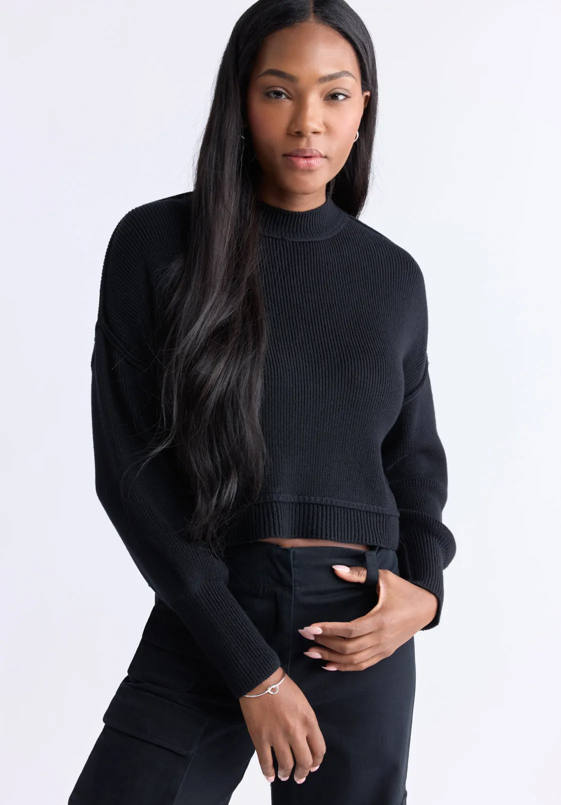 Seema Women’s Dropped Sleeve Cropped Sweater, Black - SW0095F