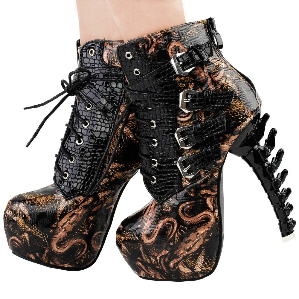 Sexy Punk Design Brown Snake Pattern Bone High Heel Platform Ankle Boots Black