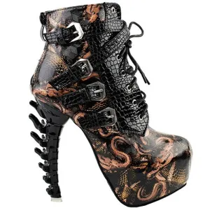 Sexy Punk Design Brown Snake Pattern Bone High Heel Platform Ankle Boots Black