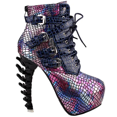Sexy Punk Design Brown Snake Pattern Bone High Heel Platform Ankle Boots Black