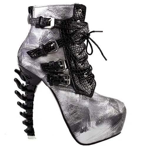 Sexy Punk Design Brown Snake Pattern Bone High Heel Platform Ankle Boots Black