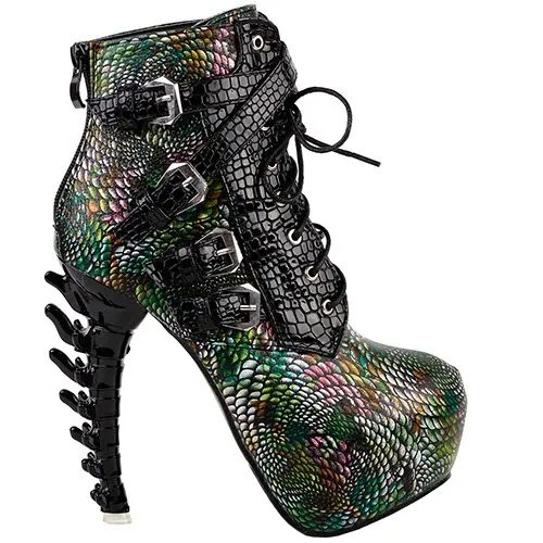 Sexy Punk Design Brown Snake Pattern Bone High Heel Platform Ankle Boots Black