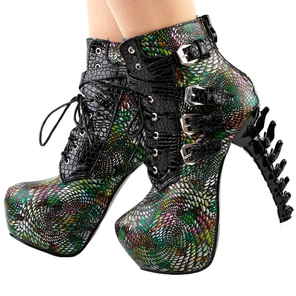 Sexy Punk Design Brown Snake Pattern Bone High Heel Platform Ankle Boots Black