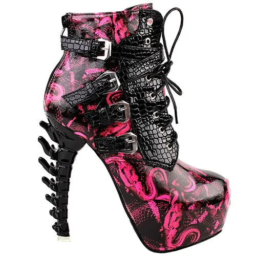 Sexy Punk Design Brown Snake Pattern Bone High Heel Platform Ankle Boots Black