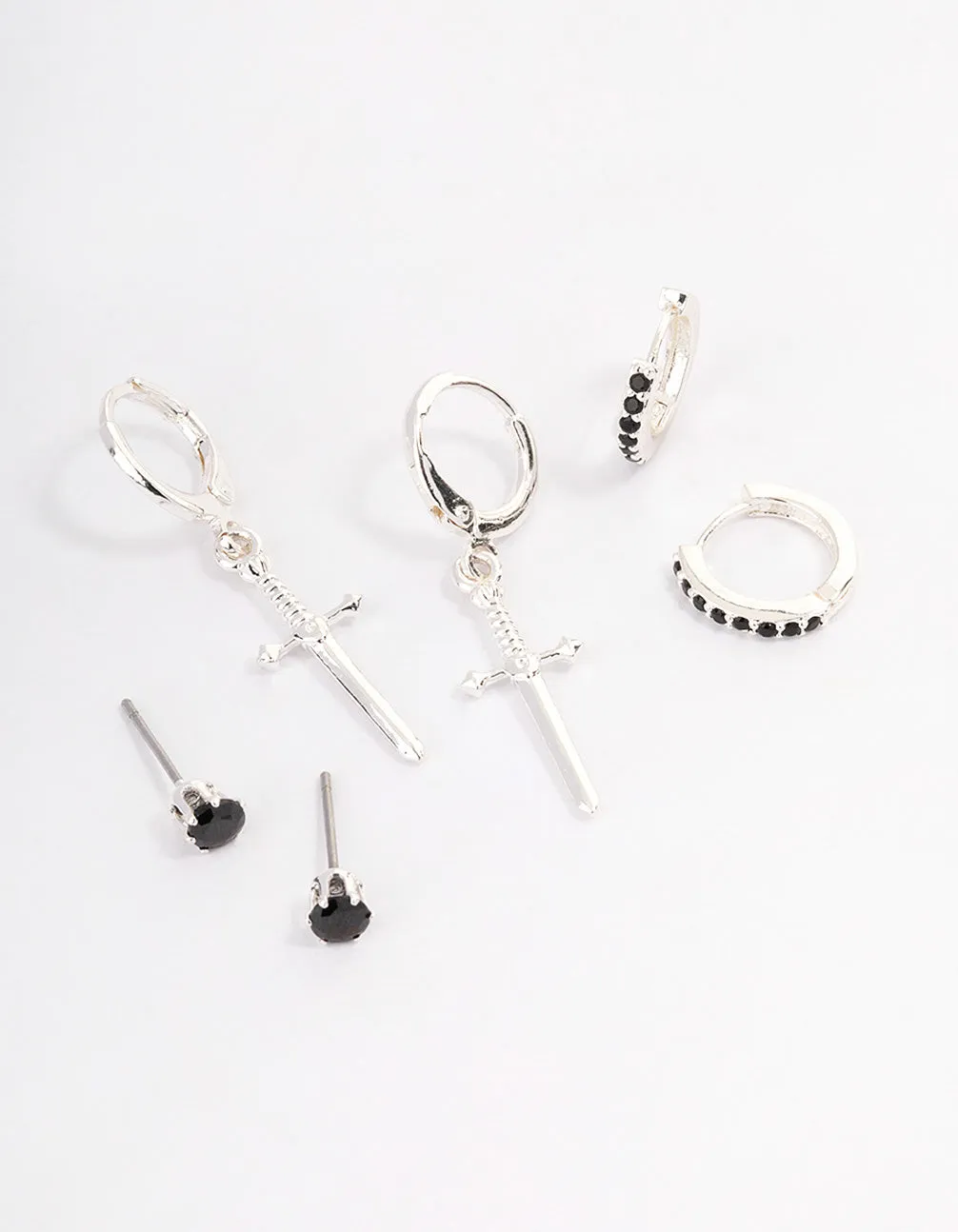 Silver Plated Brass  Cubic Zirconia Dagger Huggie Earrings Pack