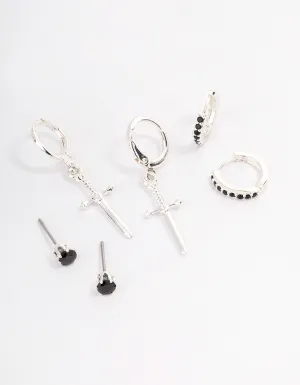 Silver Plated Brass  Cubic Zirconia Dagger Huggie Earrings Pack