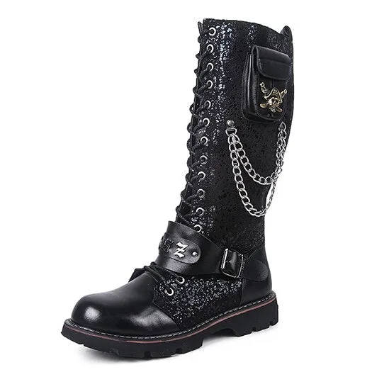 Skull Rock Winter Shoes Suede Embellished Faux Fur Punk Motorcycle Mid Calf Metalic Black High Quality Mens Leather Tall Boots