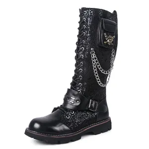 Skull Rock Winter Shoes Suede Embellished Faux Fur Punk Motorcycle Mid Calf Metalic Black High Quality Mens Leather Tall Boots