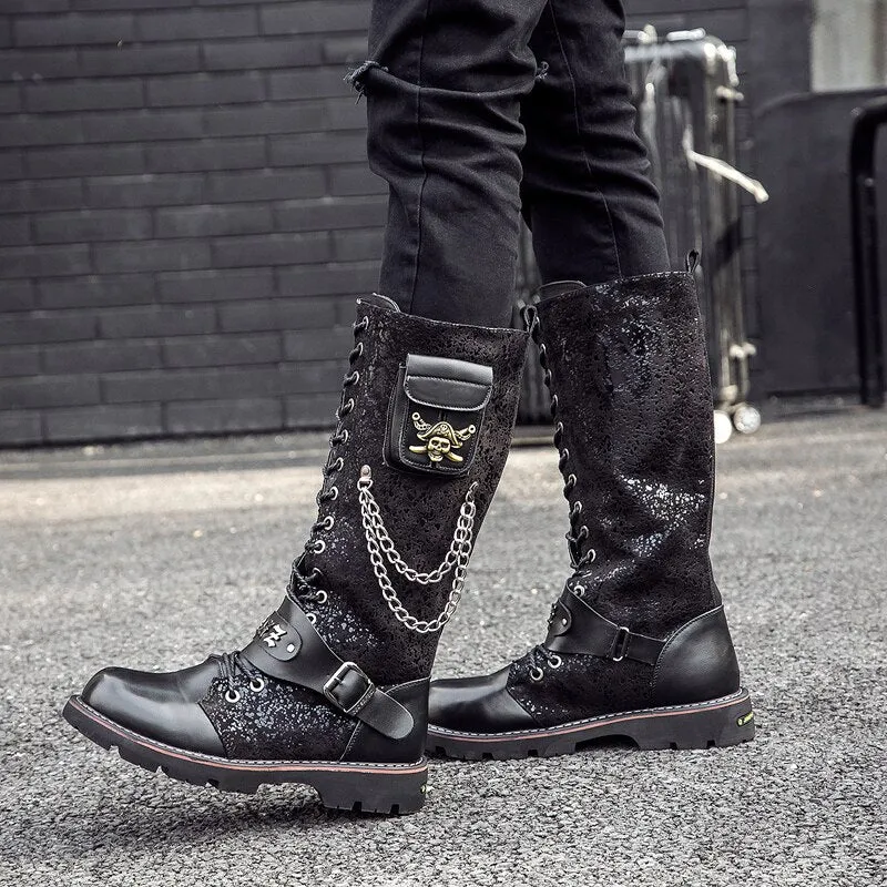 Skull Rock Winter Shoes Suede Embellished Faux Fur Punk Motorcycle Mid Calf Metalic Black High Quality Mens Leather Tall Boots