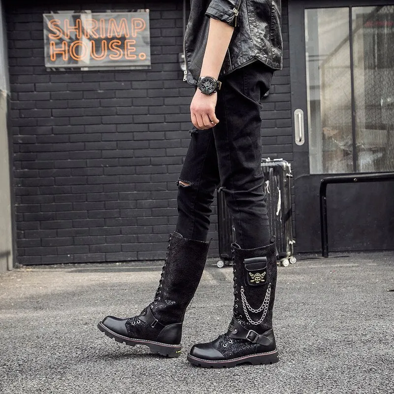 Skull Rock Winter Shoes Suede Embellished Faux Fur Punk Motorcycle Mid Calf Metalic Black High Quality Mens Leather Tall Boots