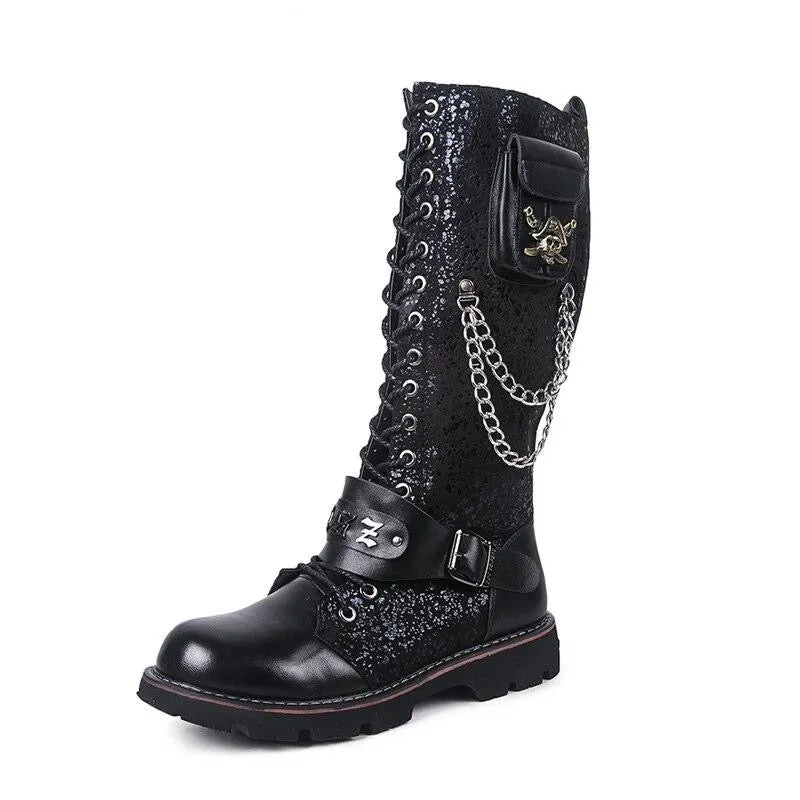 Skull Rock Winter Shoes Suede Embellished Faux Fur Punk Motorcycle Mid Calf Metalic Black High Quality Mens Leather Tall Boots