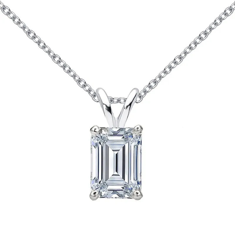 Sterling silver emerald cut created white diamond pendant necklace
