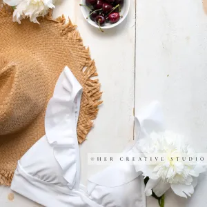 Sun Hat, Bikini & White Peonies, Digital Image