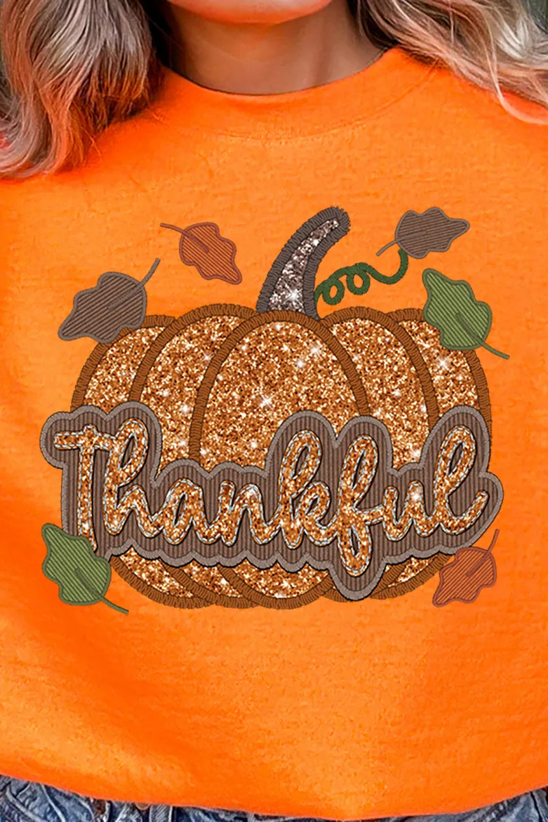 Thankful Pumpkin Faux Sequin Transfer Heavy-weight Crew Sweatshirt