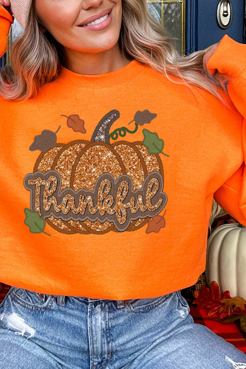 Thankful Pumpkin Faux Sequin Transfer Heavy-weight Crew Sweatshirt