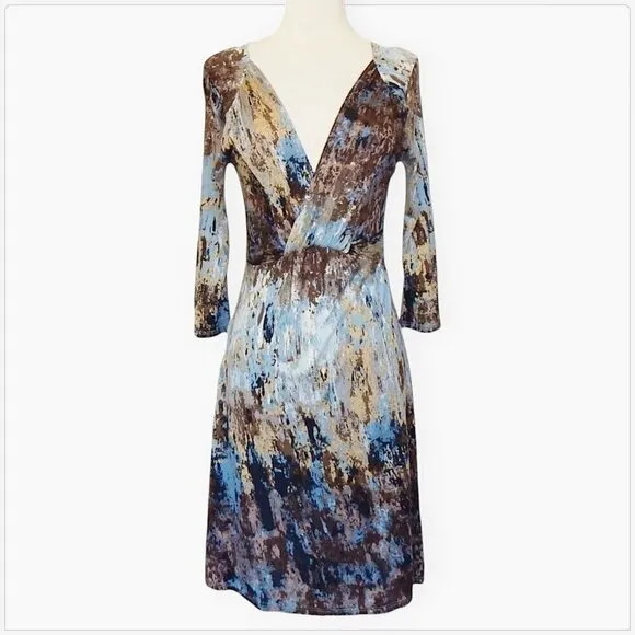 Three Dots 3 Brown Gray Beige Splatter Marble Print Empire Soft Knit Dress S