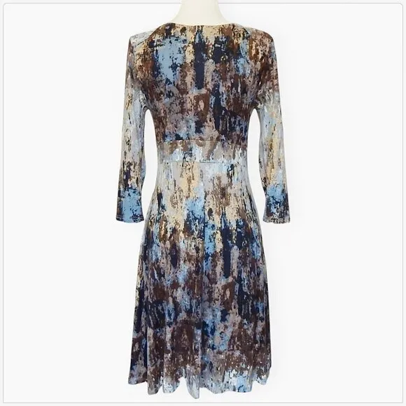 Three Dots 3 Brown Gray Beige Splatter Marble Print Empire Soft Knit Dress S