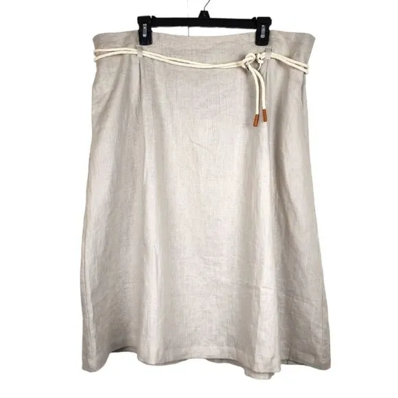 Ulla Popken Pleat Front Elastic Waist Naturally Linen Skirt Tie Rope Beige Sz 18