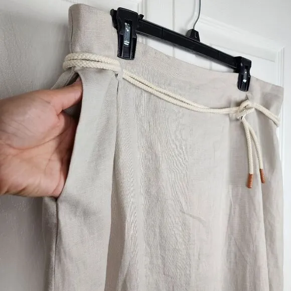 Ulla Popken Pleat Front Elastic Waist Naturally Linen Skirt Tie Rope Beige Sz 18