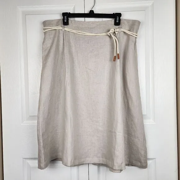 Ulla Popken Pleat Front Elastic Waist Naturally Linen Skirt Tie Rope Beige Sz 18