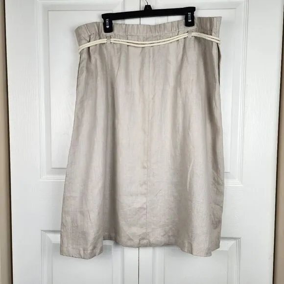 Ulla Popken Pleat Front Elastic Waist Naturally Linen Skirt Tie Rope Beige Sz 18