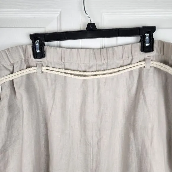 Ulla Popken Pleat Front Elastic Waist Naturally Linen Skirt Tie Rope Beige Sz 18