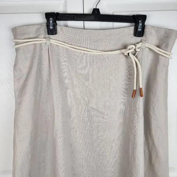 Ulla Popken Pleat Front Elastic Waist Naturally Linen Skirt Tie Rope Beige Sz 18