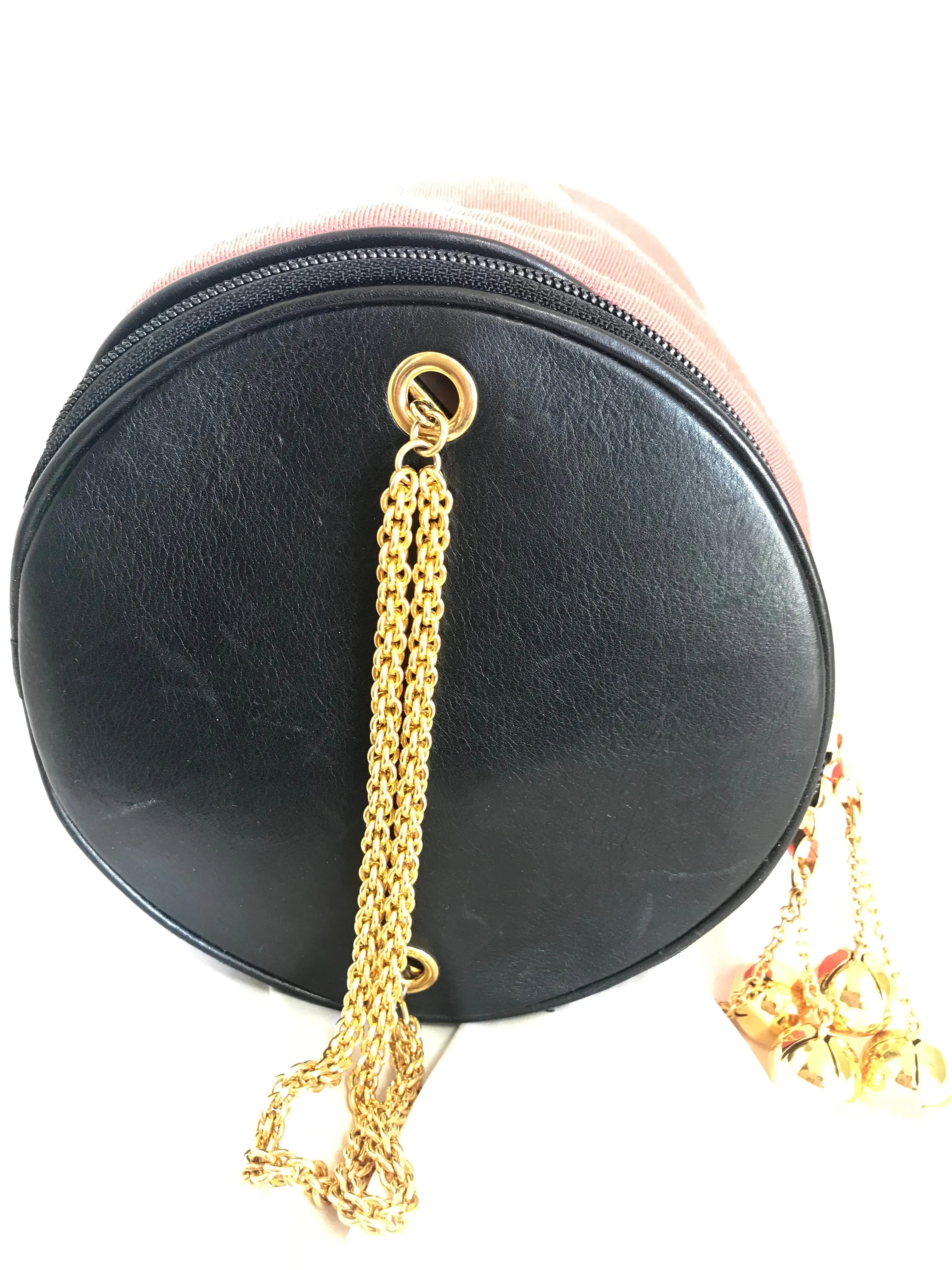 Vintage Moschino by Redwall lunchbox design red jersey and black leather handbag with golden eyelets and ball charms. 0506289