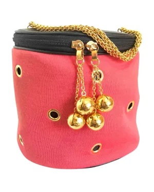 Vintage Moschino by Redwall lunchbox design red jersey and black leather handbag with golden eyelets and ball charms. 0506289