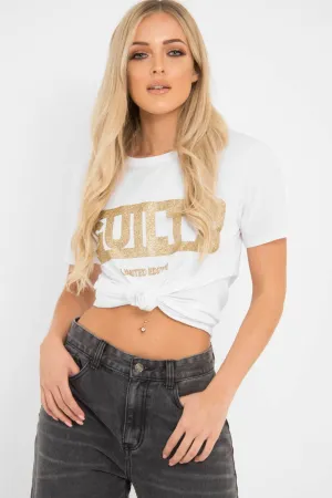 White Gold Glitter Guilty Slogan T-Shirt - Javonna