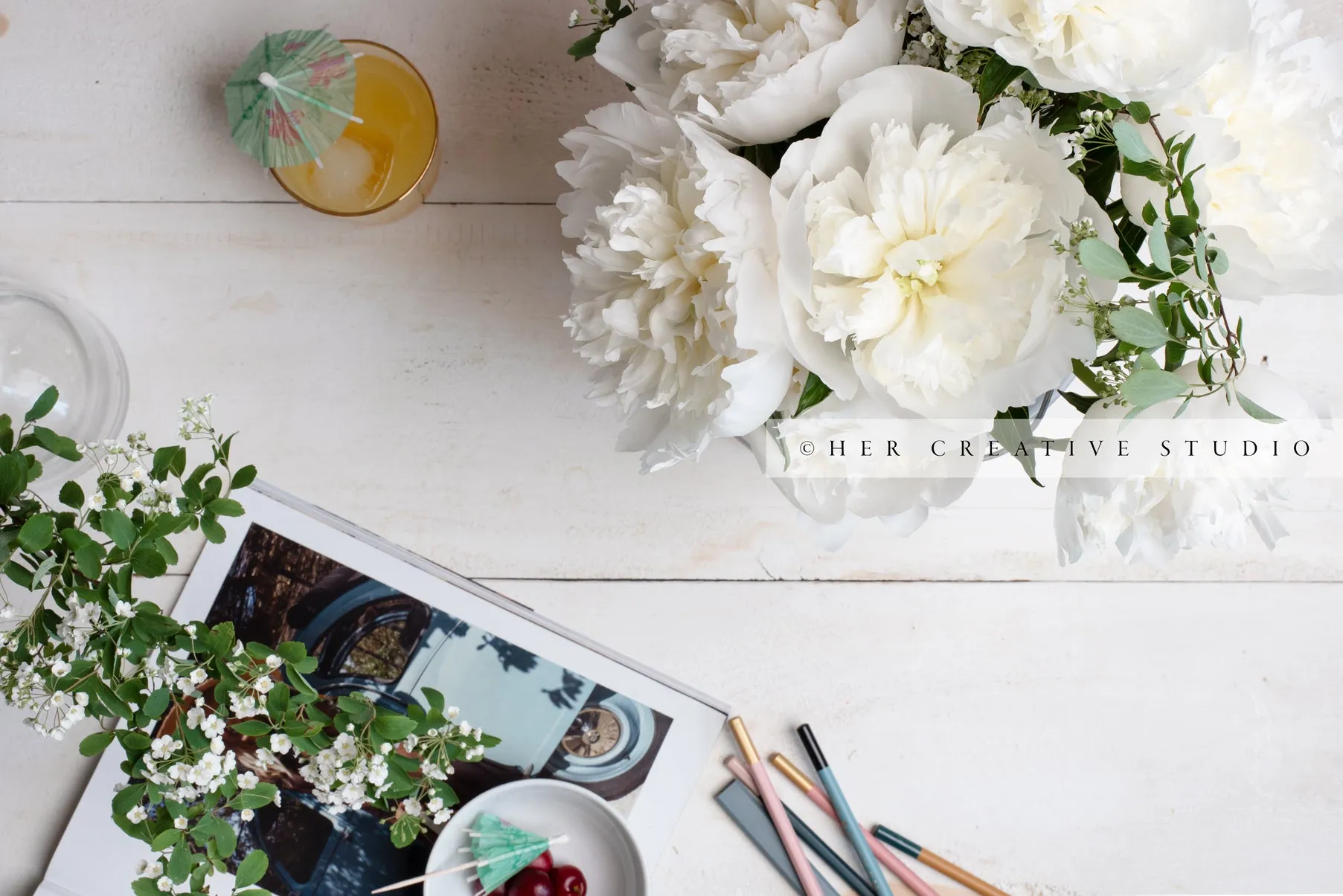White Peonies & Pencils. Digital Image