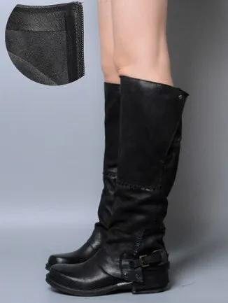 Winter Back Belt Buckle Strap Zipper Side Knee High Boots Real Leather