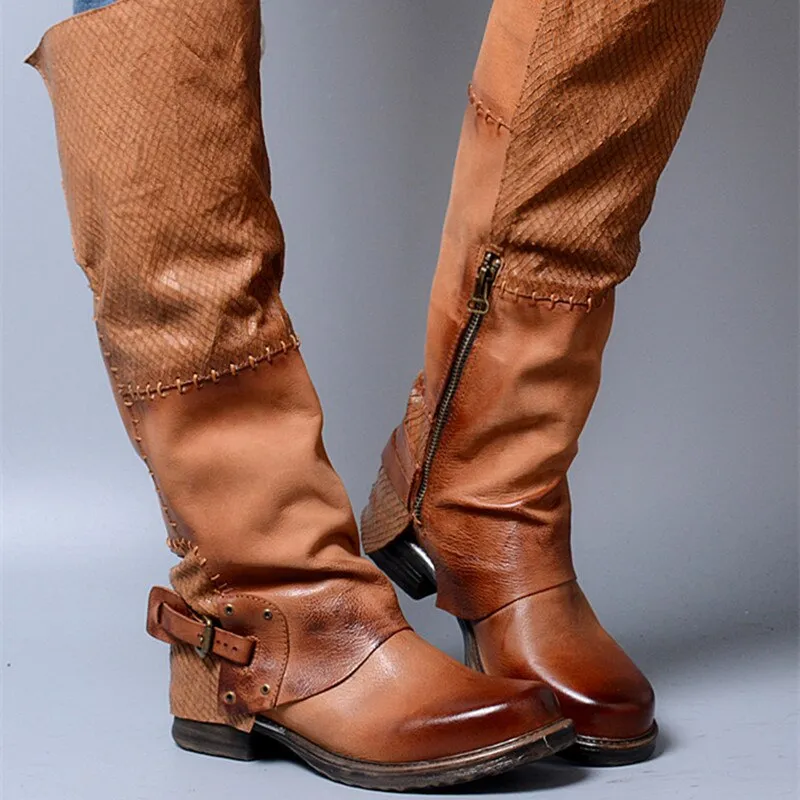 Winter Back Belt Buckle Strap Zipper Side Knee High Boots Real Leather