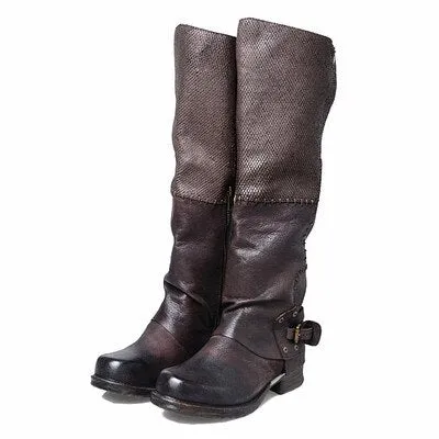 Winter Back Belt Buckle Strap Zipper Side Knee High Boots Real Leather