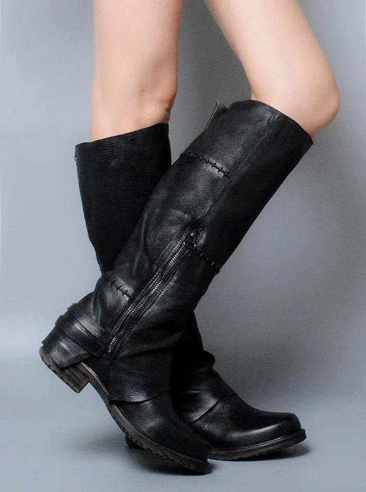 Winter Back Belt Buckle Strap Zipper Side Knee High Boots Real Leather