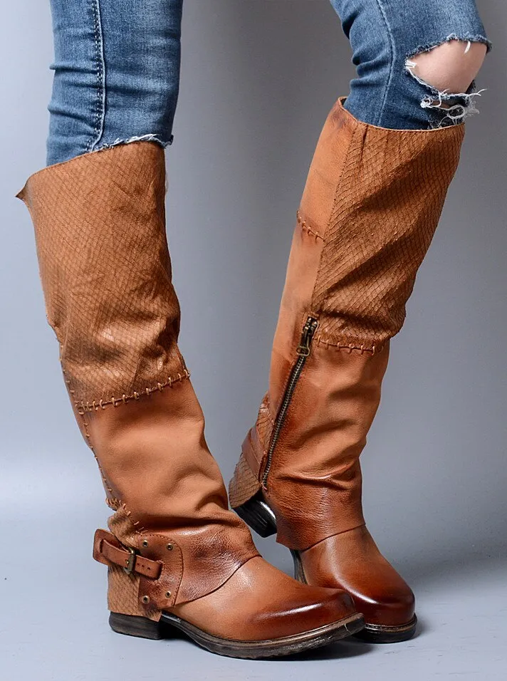 Winter Back Belt Buckle Strap Zipper Side Knee High Boots Real Leather
