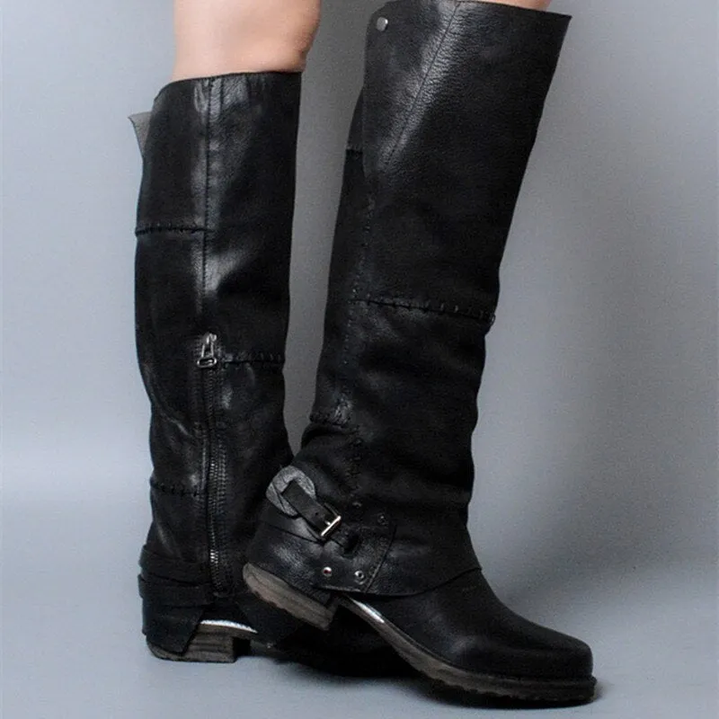 Winter Back Belt Buckle Strap Zipper Side Knee High Boots Real Leather