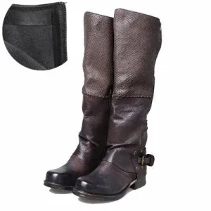 Winter Back Belt Buckle Strap Zipper Side Knee High Boots Real Leather
