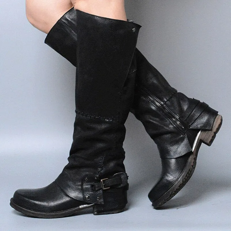 Winter Back Belt Buckle Strap Zipper Side Knee High Boots Real Leather