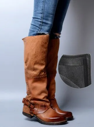 Winter Back Belt Buckle Strap Zipper Side Knee High Boots Real Leather