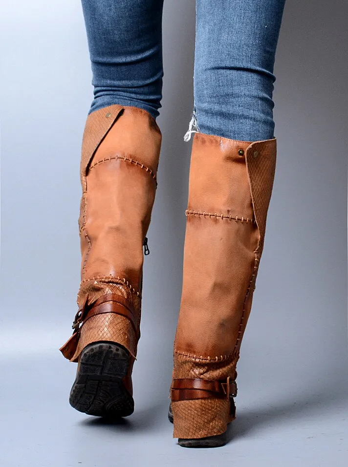 Winter Back Belt Buckle Strap Zipper Side Knee High Boots Real Leather