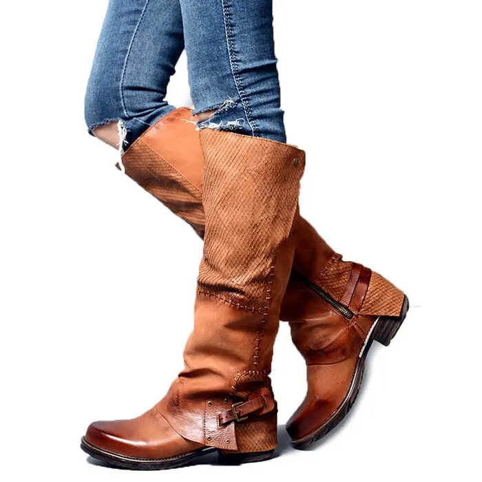 Winter Back Belt Buckle Strap Zipper Side Knee High Boots Real Leather