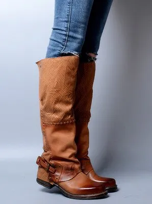 Winter Back Belt Buckle Strap Zipper Side Knee High Boots Real Leather