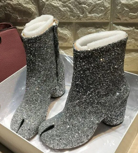 Winter Tabi Boots Women High Heels Botas Mujer Leather Ankle Boots For Women Cozy Shining Botas Feminina Luxury Zapatos De Mujer