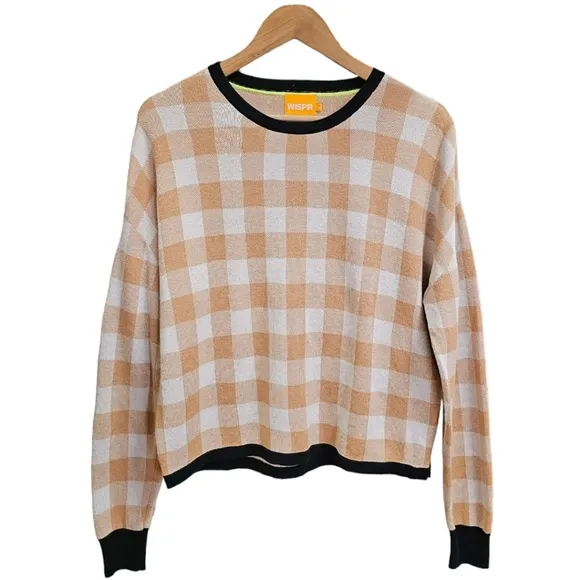WISPR By Brodie Sweater Cotton Silk Blend Tan Gingham Long Sleeve Crew Neck L