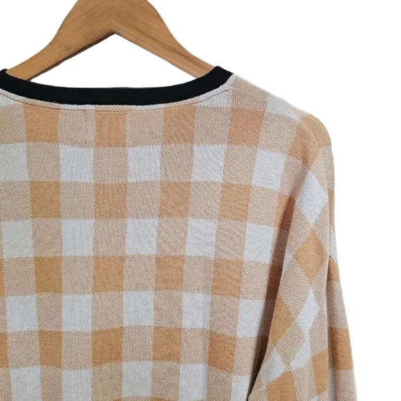 WISPR By Brodie Sweater Cotton Silk Blend Tan Gingham Long Sleeve Crew Neck L