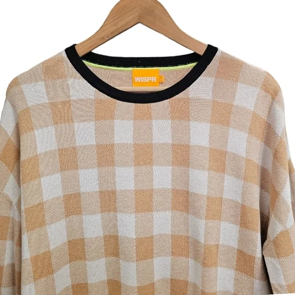 WISPR By Brodie Sweater Cotton Silk Blend Tan Gingham Long Sleeve Crew Neck L